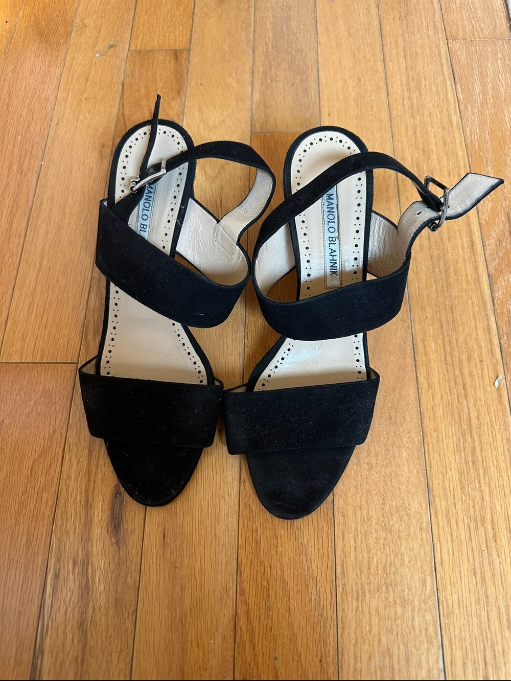 Manolo Blahnik Black Suede Open-Toe Ankle Strap Heels